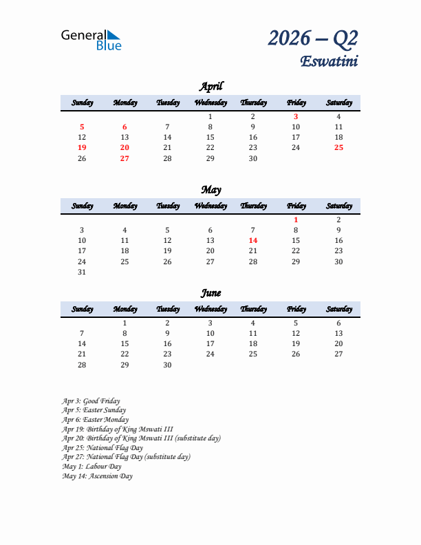 April, May, and June Calendar for Eswatini with Sunday Start