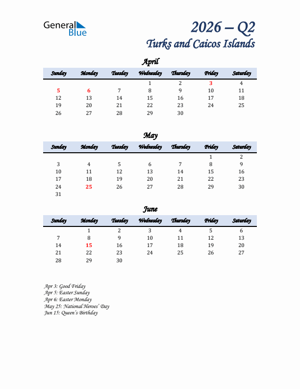 April, May, and June Calendar for Turks and Caicos Islands with Sunday Start