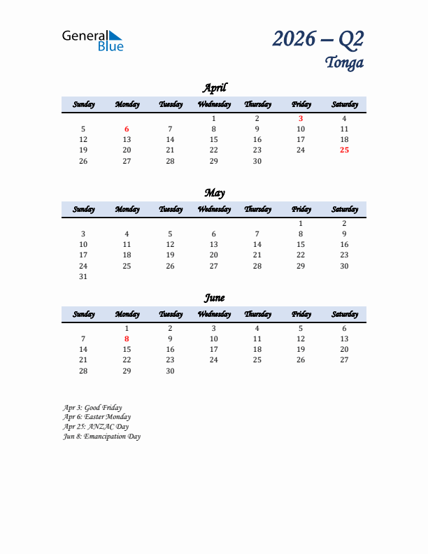 April, May, and June Calendar for Tonga with Sunday Start