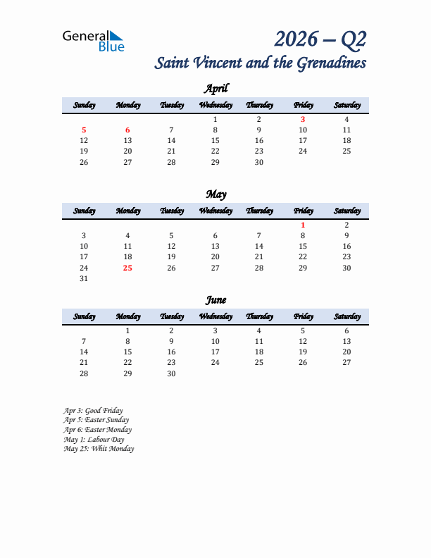 April, May, and June Calendar for Saint Vincent and the Grenadines with Sunday Start