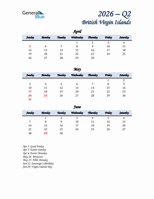 April, May, and June Calendar for British Virgin Islands with Sunday Start