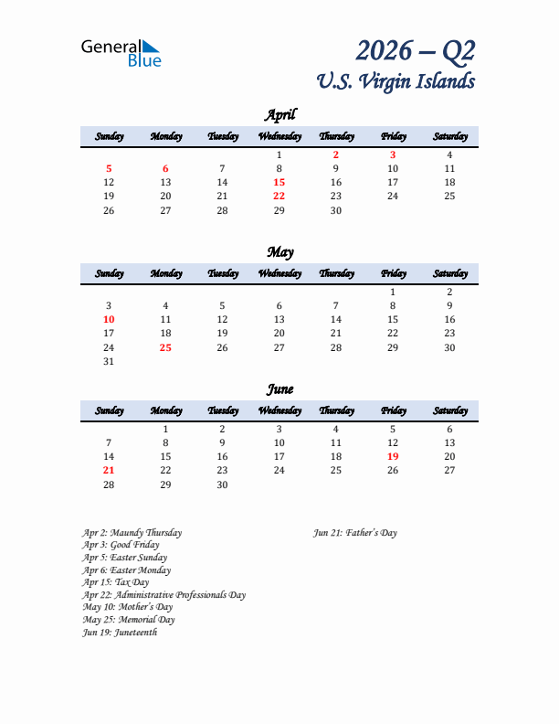 April, May, and June Calendar for U.S. Virgin Islands with Sunday Start