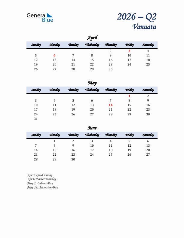 April, May, and June Calendar for Vanuatu with Sunday Start
