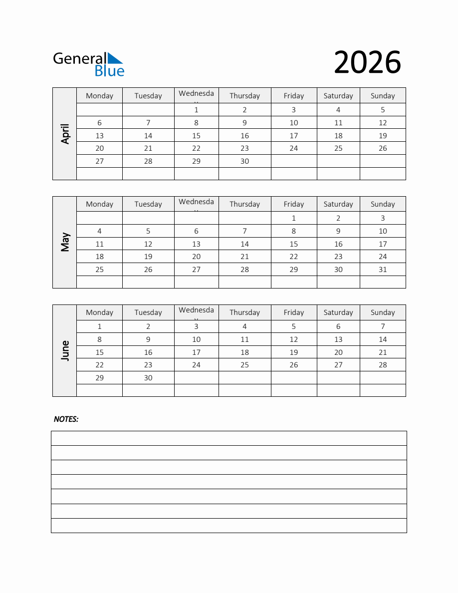Q2 2026 Calendar Template with Notes in PDF, Word, and Excel - Monday Start