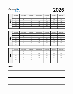 Quarter 2  2026 calendar template