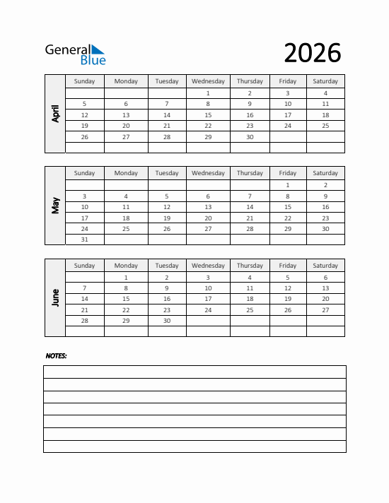 Quarter 2 2026 calendar template