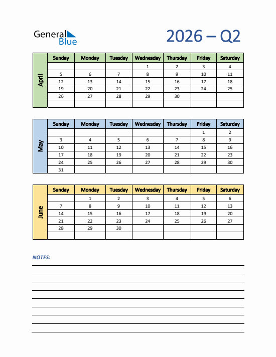 Quarter 2 2026 calendar template