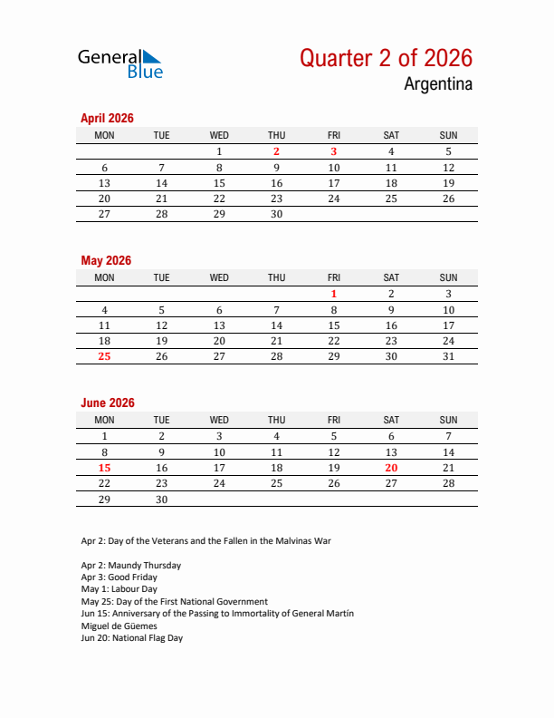 Printable Three Month Calendar with Argentina Holidays
