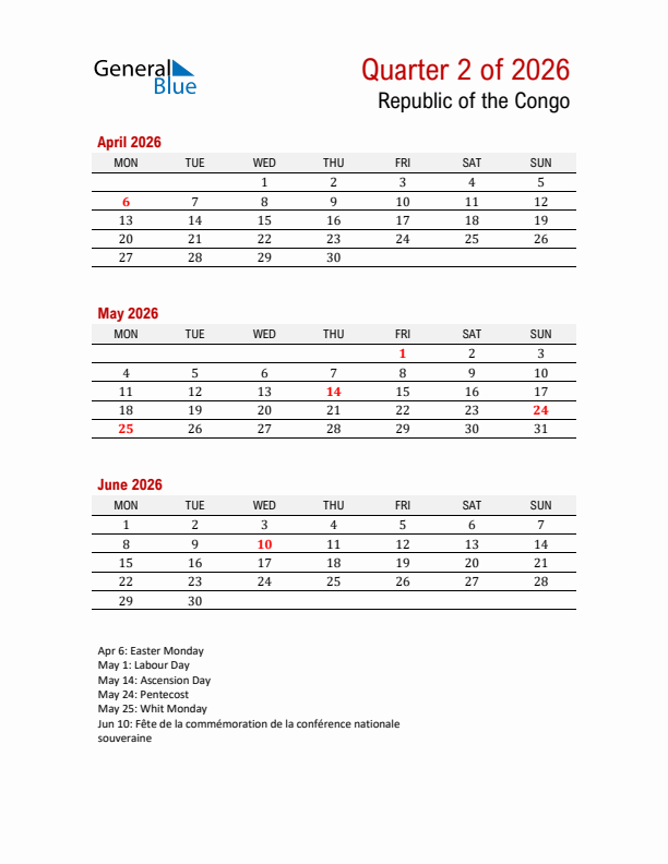 Printable Three Month Calendar with Republic of the Congo Holidays