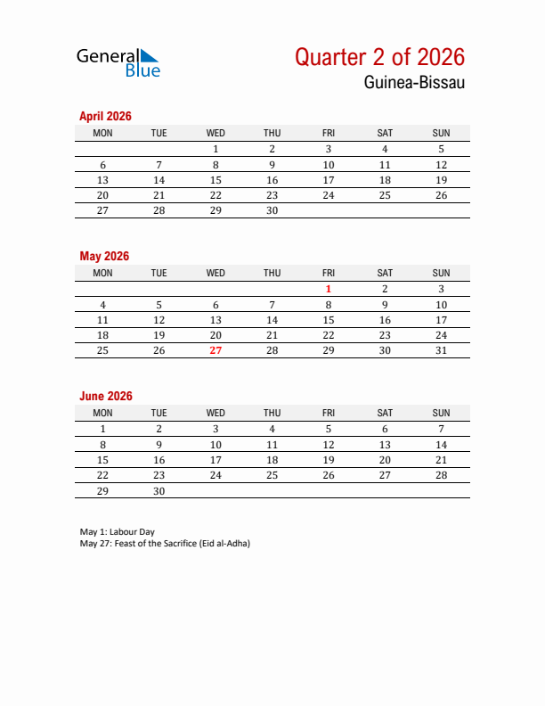 Printable Three Month Calendar with Guinea-Bissau Holidays