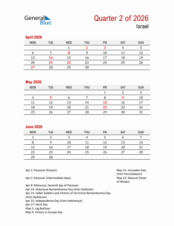 Printable Three Month Calendar with Israel Holidays