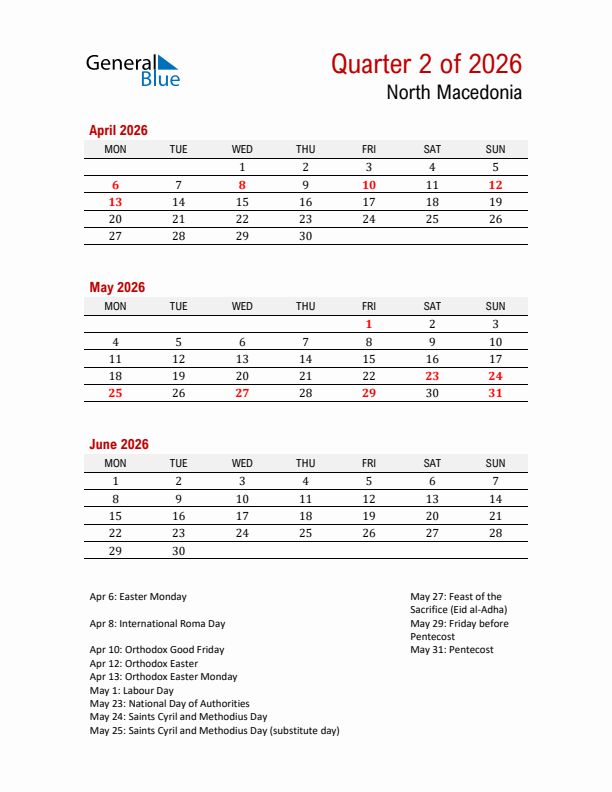 Printable Three Month Calendar with North Macedonia Holidays