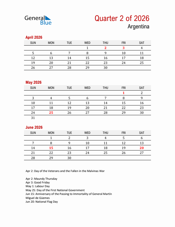 Printable Three Month Calendar with Argentina Holidays
