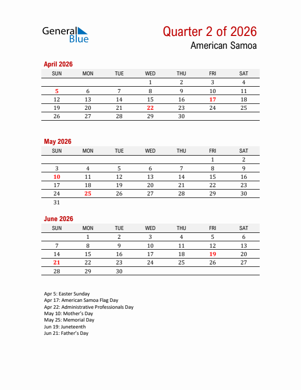 Printable Three Month Calendar with American Samoa Holidays