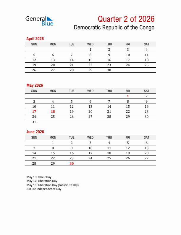 Printable Three Month Calendar with Democratic Republic of the Congo Holidays
