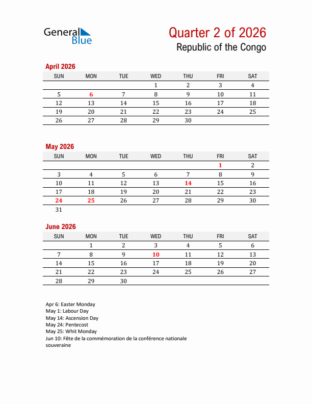 Printable Three Month Calendar with Republic of the Congo Holidays