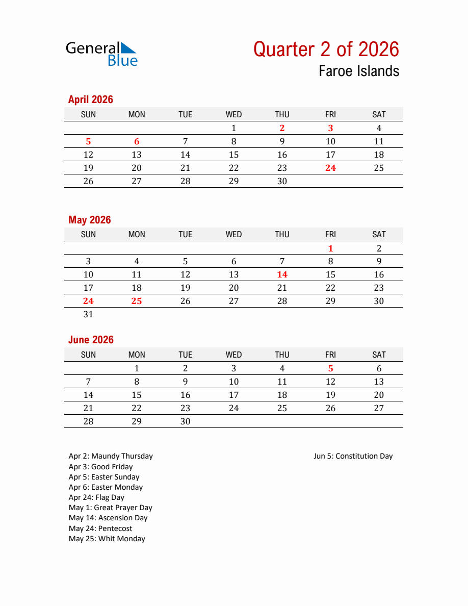 Printable Three Month Calendar with Faroe Islands Holidays (Q2 2026)