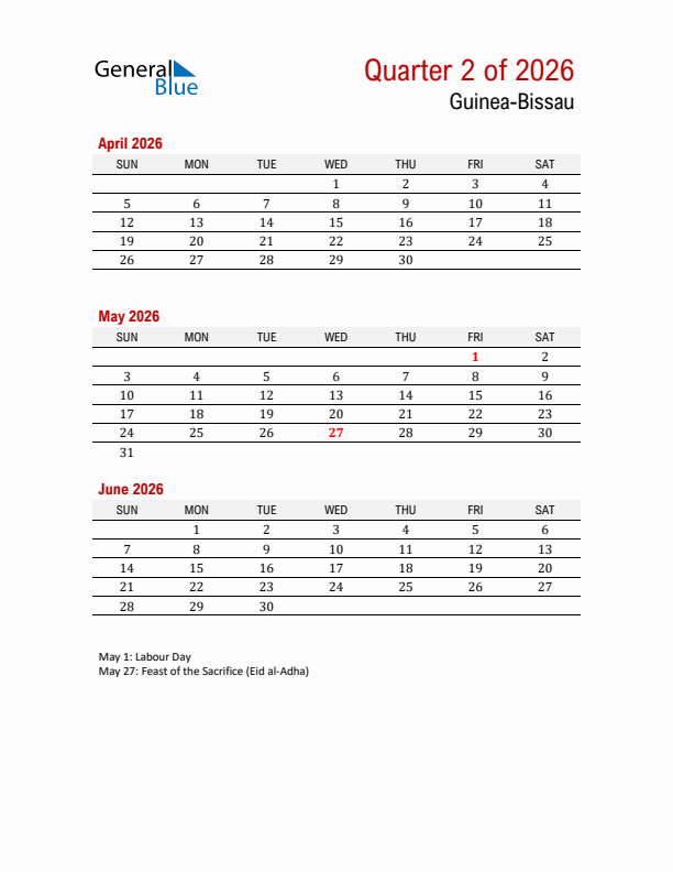 Printable Three Month Calendar with Guinea-Bissau Holidays