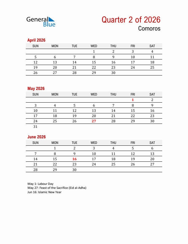 Printable Three Month Calendar with Comoros Holidays