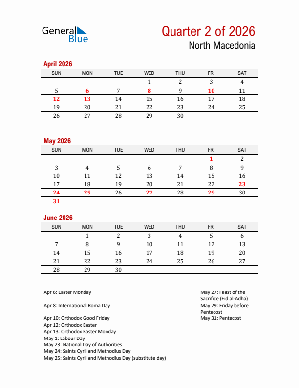 Printable Three Month Calendar with North Macedonia Holidays