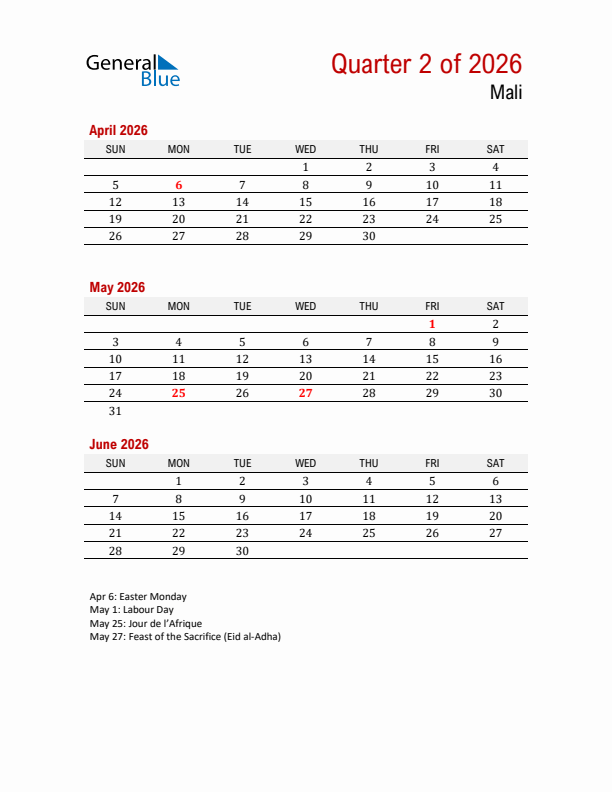 Printable Three Month Calendar with Mali Holidays