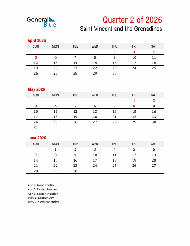 Printable Three Month Calendar with Saint Vincent and the Grenadines Holidays