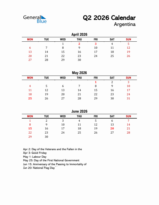 2026 Q2 Calendar with Holidays List for Argentina