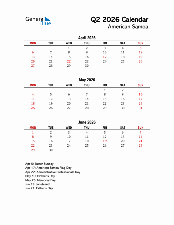 2026 Q2 Calendar with Holidays List for American Samoa