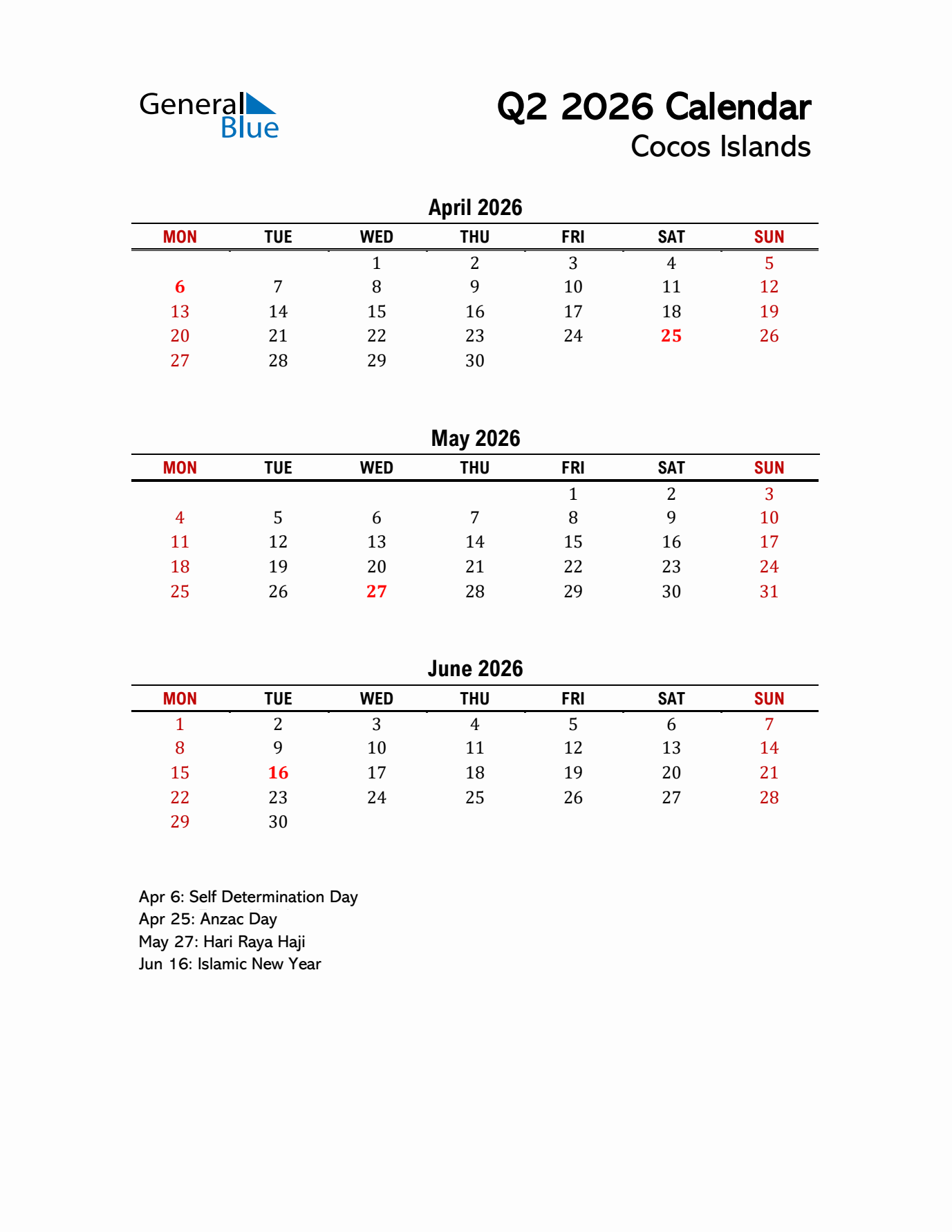 2026 Q2 Calendar with Holidays List for Cocos Islands