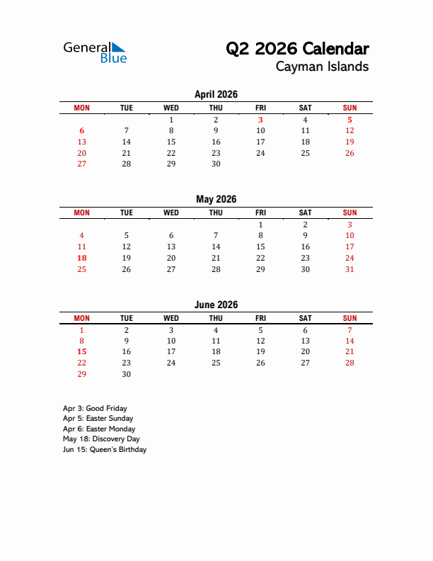 2026 Q2 Calendar with Holidays List for Cayman Islands