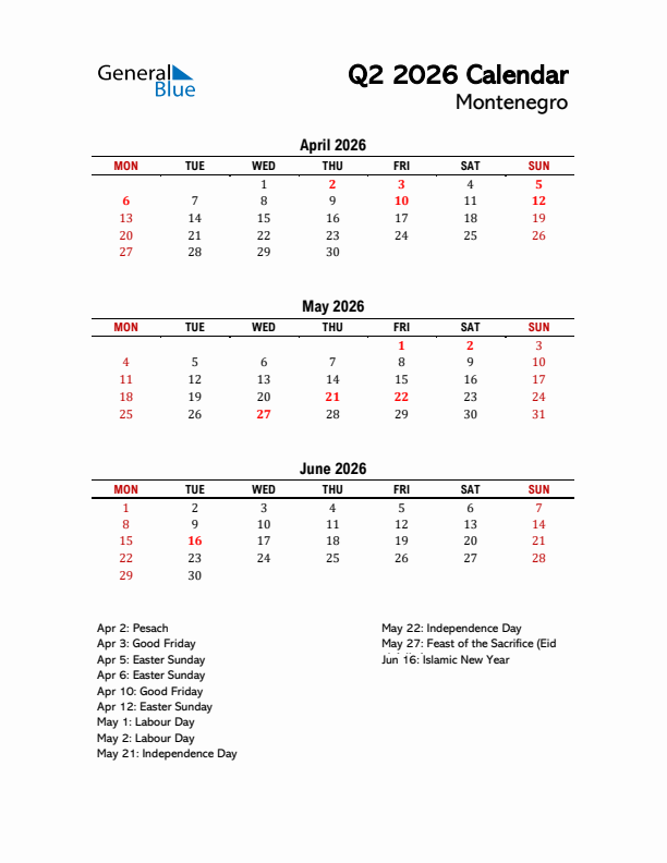 2026 Q2 Calendar with Holidays List for Montenegro