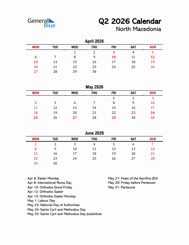 2026 Q2 Calendar with Holidays List for North Macedonia