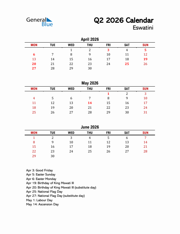 2026 Q2 Calendar with Holidays List for Eswatini