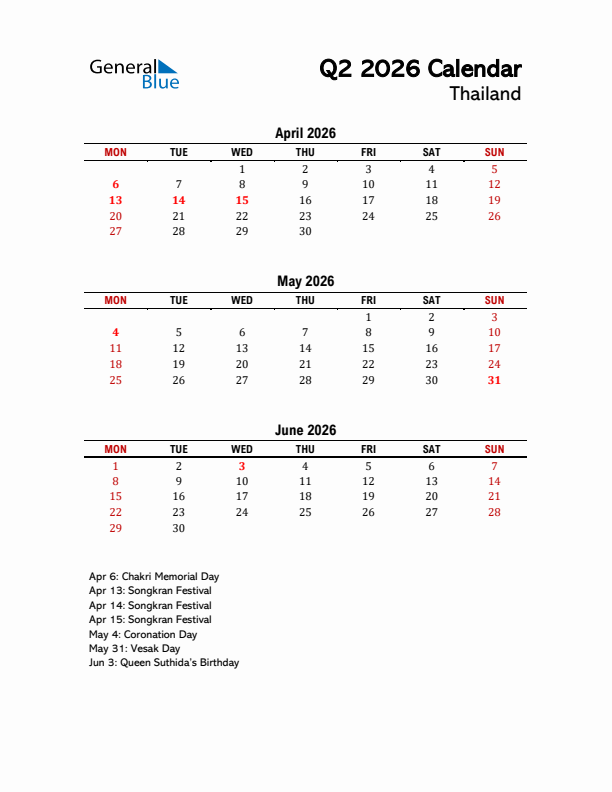2026 Q2 Calendar with Holidays List for Thailand