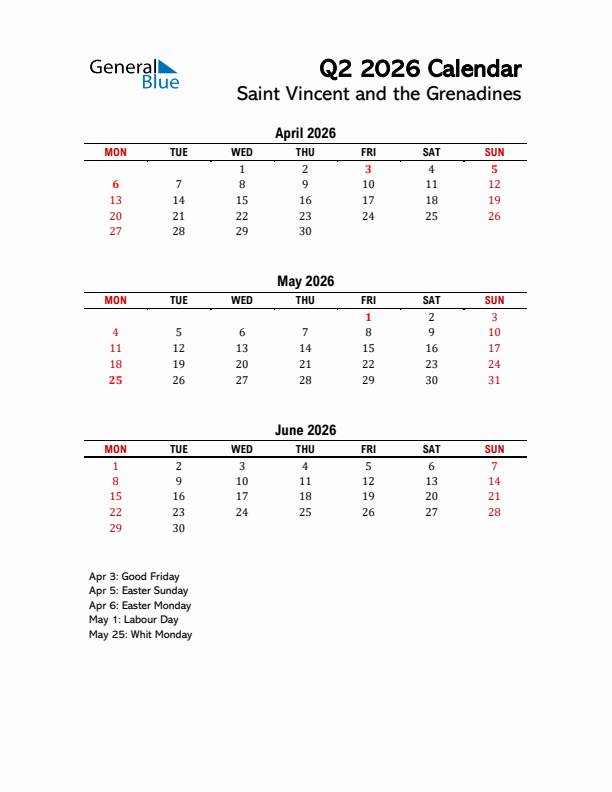 2026 Q2 Calendar with Holidays List for Saint Vincent and the Grenadines