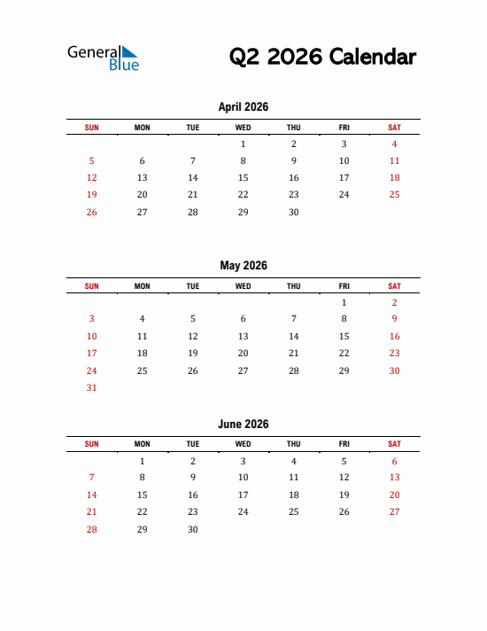 Quarter 2 2026 calendar template