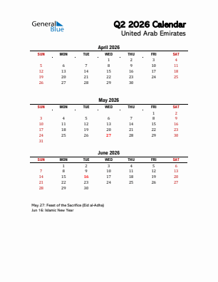 United Arab Emirates Quarter 2  2026 calendar template