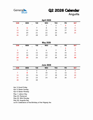 Anguilla Quarter 2  2026 calendar template