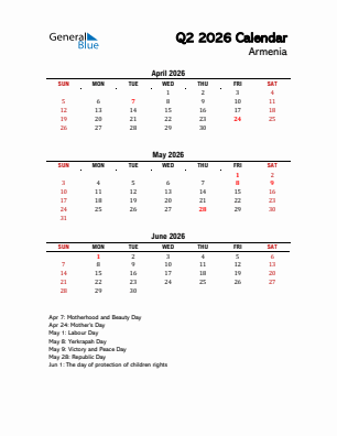 Armenia Quarter 2  2026 calendar template
