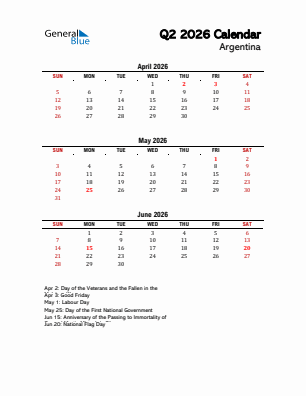 Argentina Quarter 2  2026 calendar template