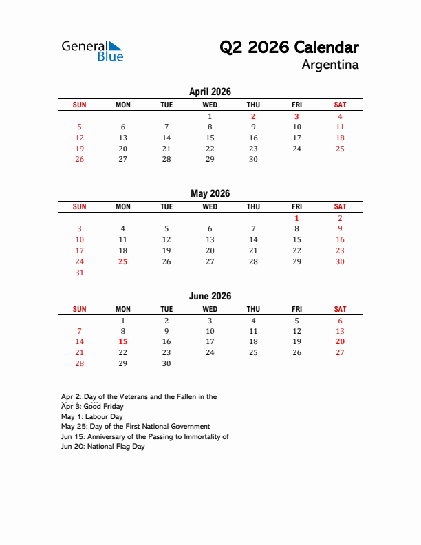 2026 Q2 Calendar with Holidays List for Argentina