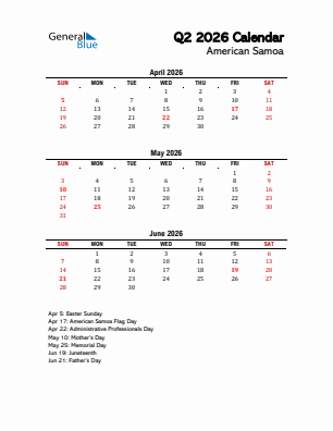 American Samoa Quarter 2  2026 calendar template