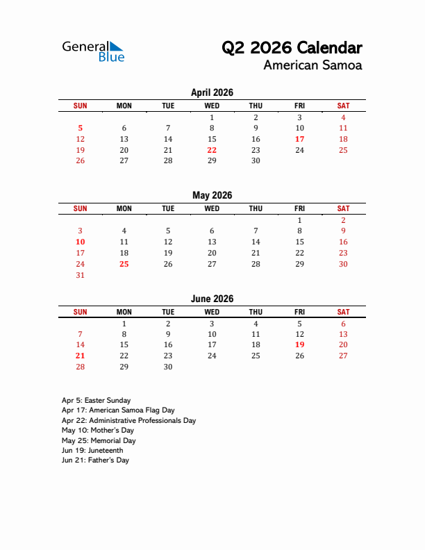 2026 Q2 Calendar with Holidays List for American Samoa