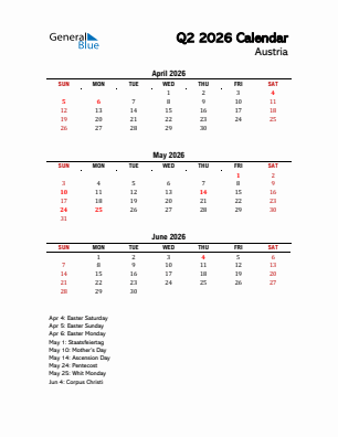 Austria Quarter 2  2026 calendar template