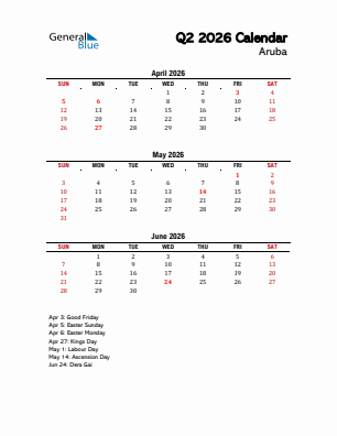 Aruba Quarter 2  2026 calendar template