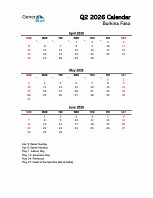 Burkina Faso Quarter 2  2026 calendar template