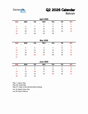 Bahrain Quarter 2  2026 calendar template
