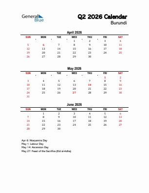 Burundi Quarter 2  2026 calendar template