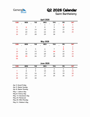 Saint Barthelemy Quarter 2  2026 calendar template