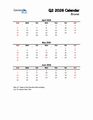Brunei Quarter 2  2026 calendar template